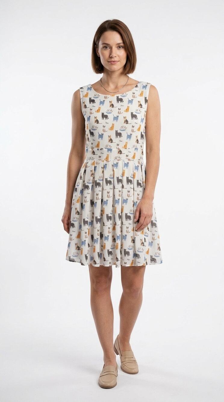 LA Soul Cat Print Fit Flare Dress M White Multicolor Novelty Meow Kawaii Retro